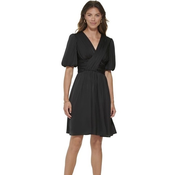 Dkny Dresses & Skirts - NWT. DKNY 12 V Neck Short Sleeve Fit & Flare Black Satin Dress.